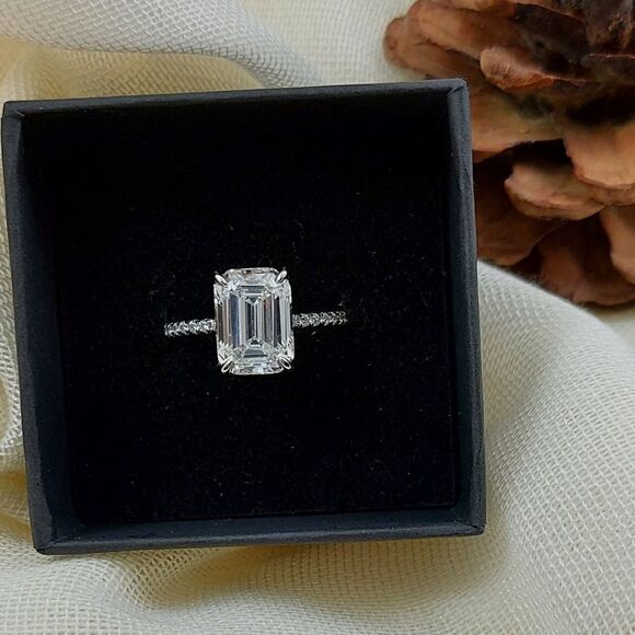 5 Carat Emerald Cut Simulated Diamond Engagement Ring - Picture 3 of 14